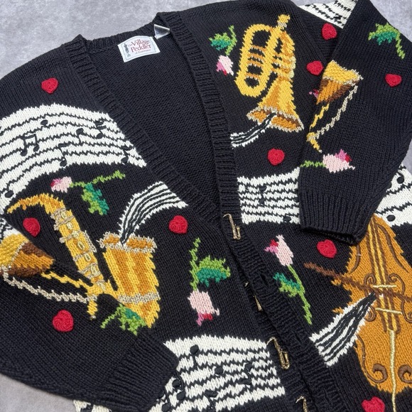 Vtg Village Peddler Musical Instruments Knit Sweater S/M RARE Embroidered Beaded
